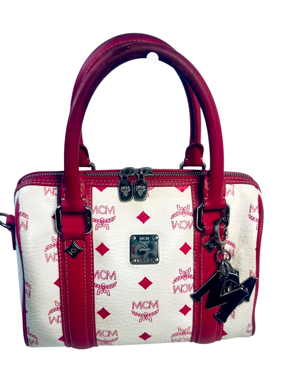 MCM Small Boston bag White Pink Visetos Satchel with Charm~Chain strap~Twilly